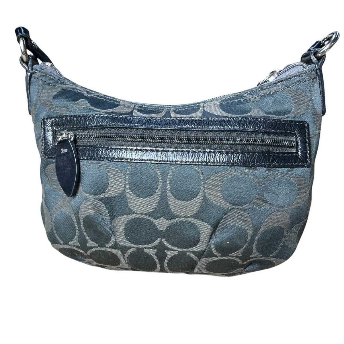 Coach Signature Logo Shoulder Bag Black Grey Silver Hardware Zipper Hobo