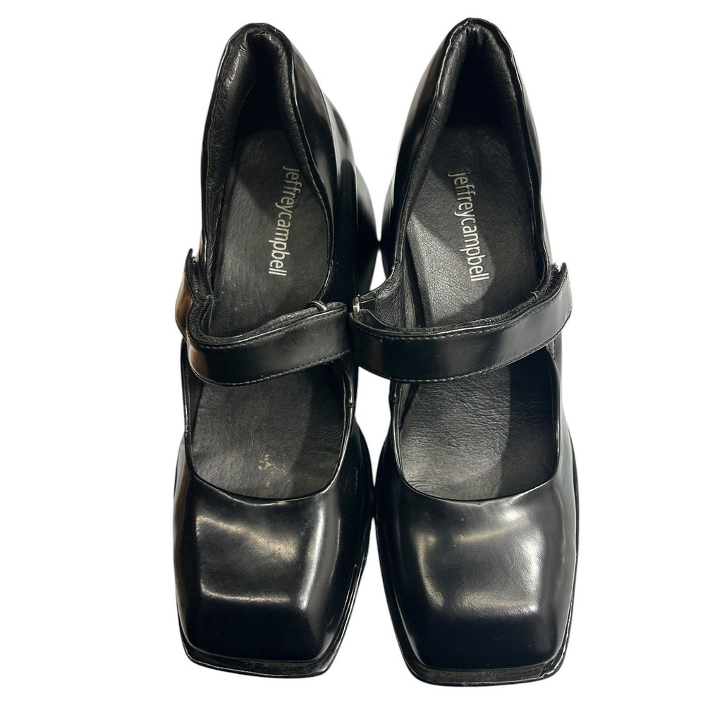 Jeffrey Campbell Reine Black Leather Square Toe Platform Mary Jane Pumps Size 7