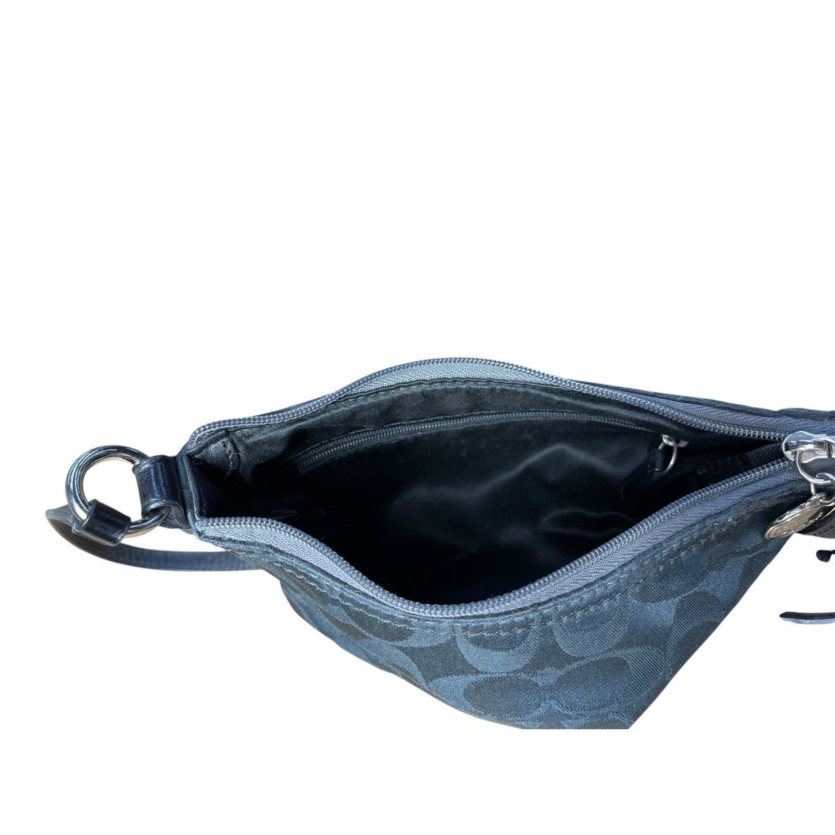 Coach Signature Logo Shoulder Bag Black Grey Silver Hardware Zipper Hobo