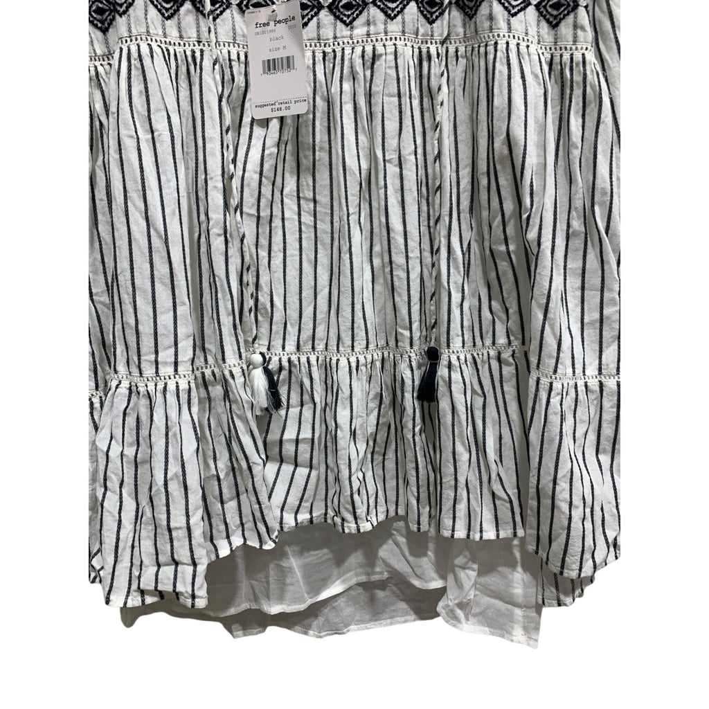 Free People Lola Embroidered Mini Dress Black White Striped Tiered Tunic Top M
