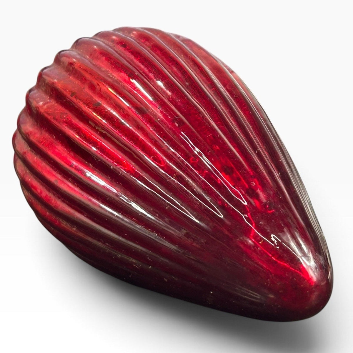 Vintage Ruby Red Mercury Glass Ribbed Teardrop Christmas Ornament Brass Cap
