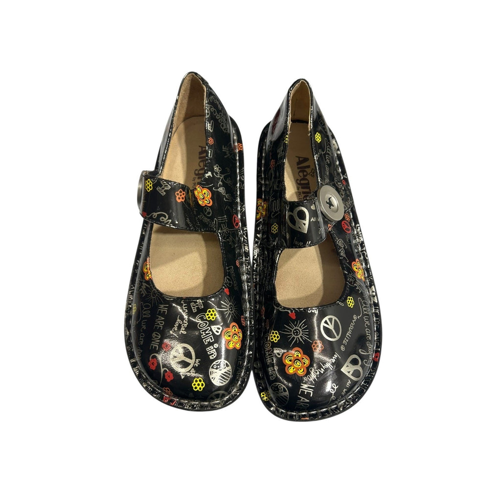 Alegria Paloma Black Peace Love Doodle Leather Mary Jane Clogs Shoes Womens 38