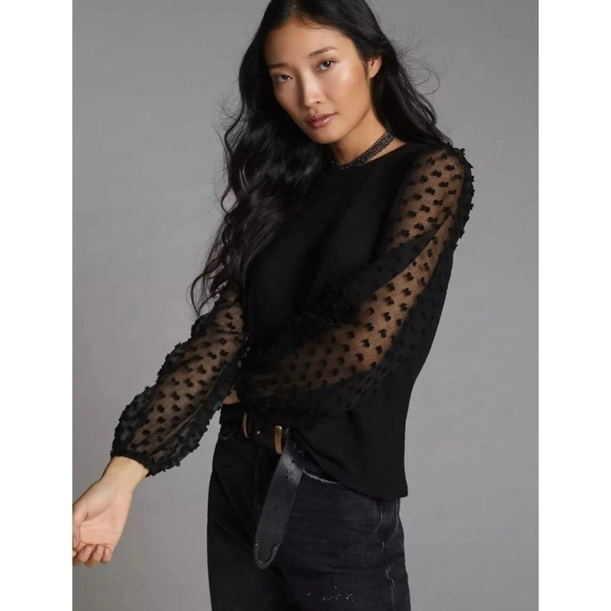 Maeve Anthropologie Black Swiss Dot Sheer Mesh Balloon Sleeve Knit Top XL career