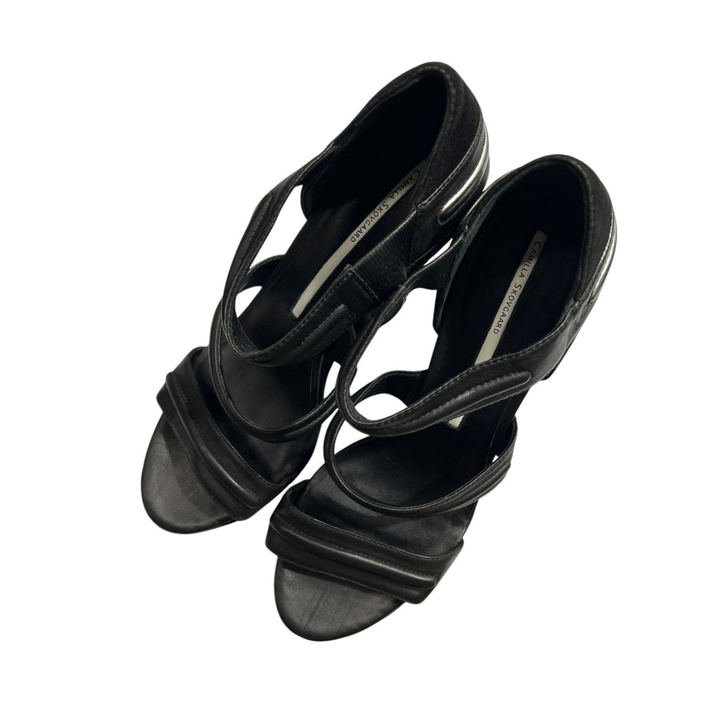Camilla Skovgaard Black Leather Suede Architectural Wedge Sandals Size 41 club