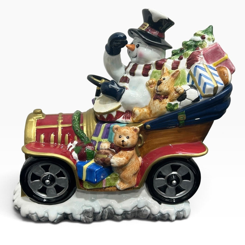 Tomsky Ltd 2004 Snowman Driving Vintage Car Christmas Ceramic Cookie Jar 11"