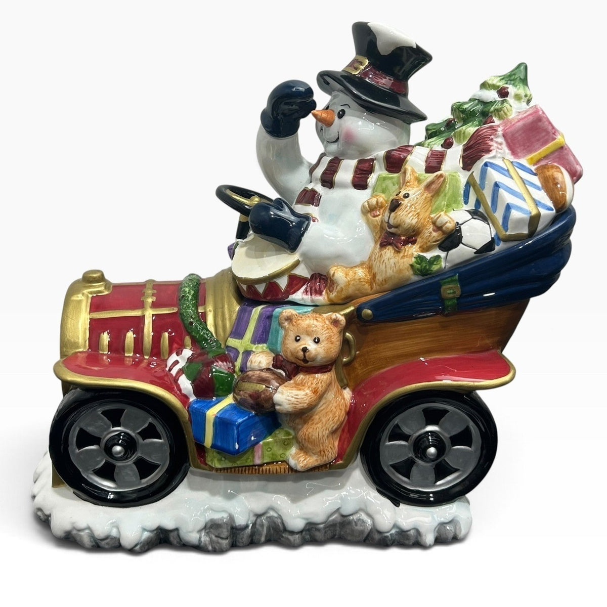 Tomsky Ltd 2004 Snowman Driving Vintage Car Christmas Ceramic Cookie Jar 11"