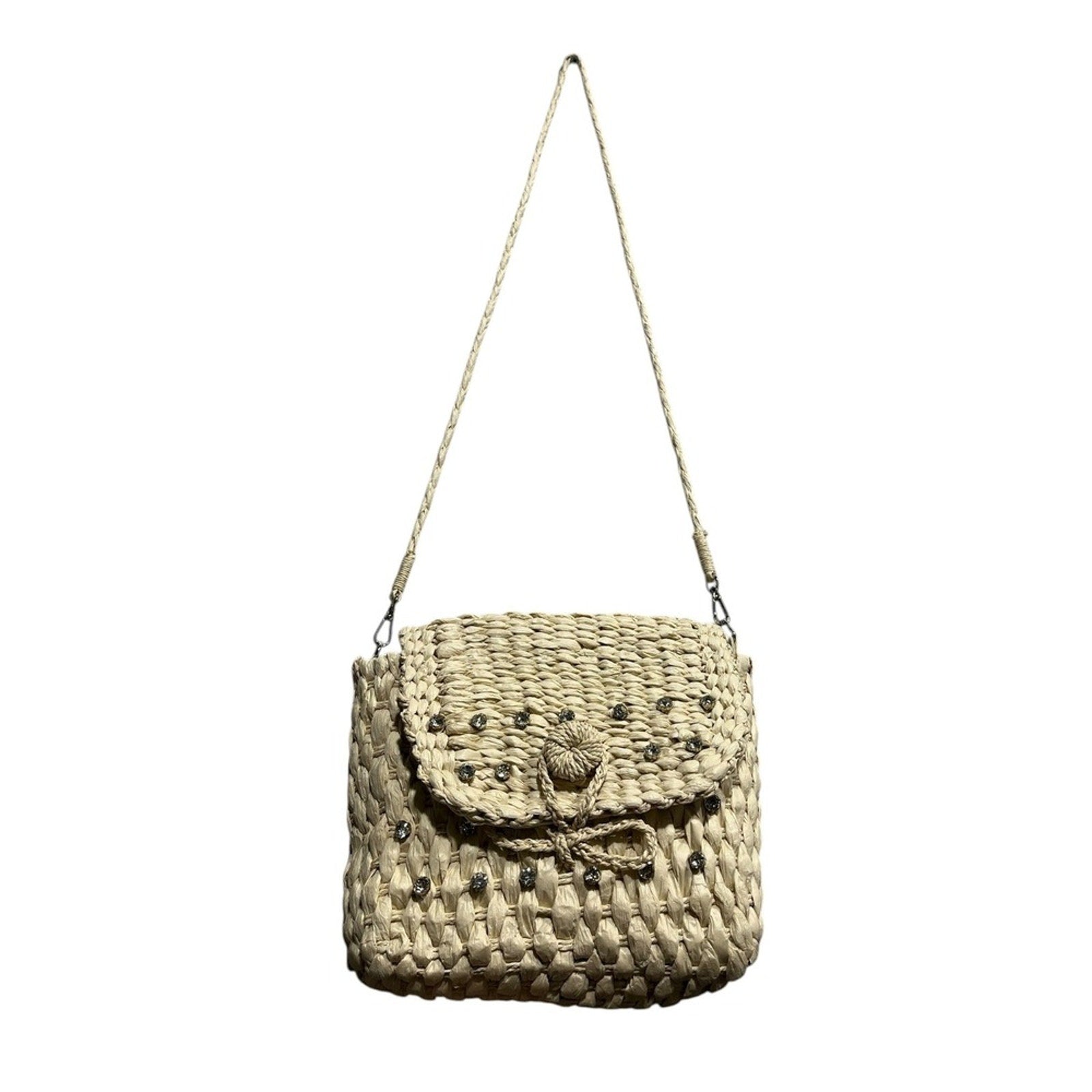 Anthropologie Straw Woven Crossbody Bag Rhinestone Studded Flap Closure