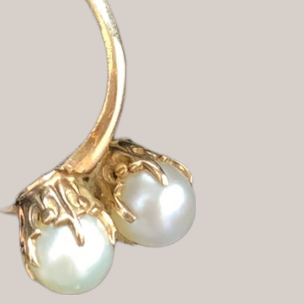 Vintage 10k Yellow Gold Double Pearl Bypass Toi et Moi Ring 2.3g size 5.5 US