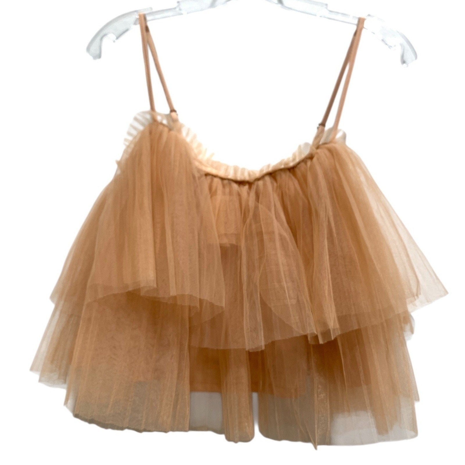 Anthropologie Tiered Tulle Camisole Top Peach Tan Mesh Layered Tank M OB1777380