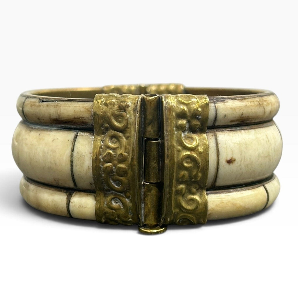 Vintage Brass and Bovine Bone Hinged Cuff Bracelet Ornate Scrollwork Pin Closure