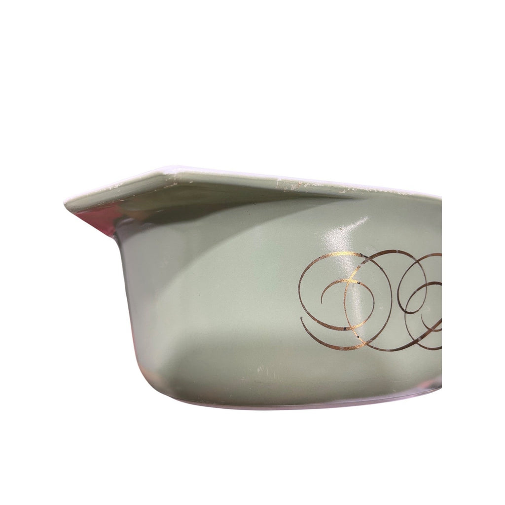 Pyrex 045 Golden Scroll 2.5 Qt Oval Casserole Dish Sage Green Gold No Lid