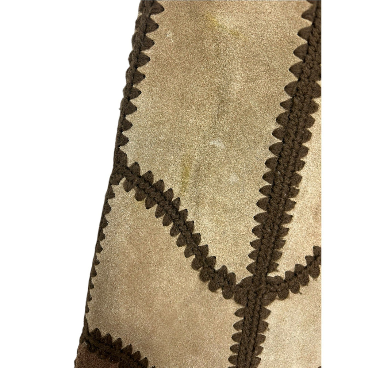 Young East Vintage 70s Patchwork Suede Leather Crochet Trim Midi Skirt Brown 7/8