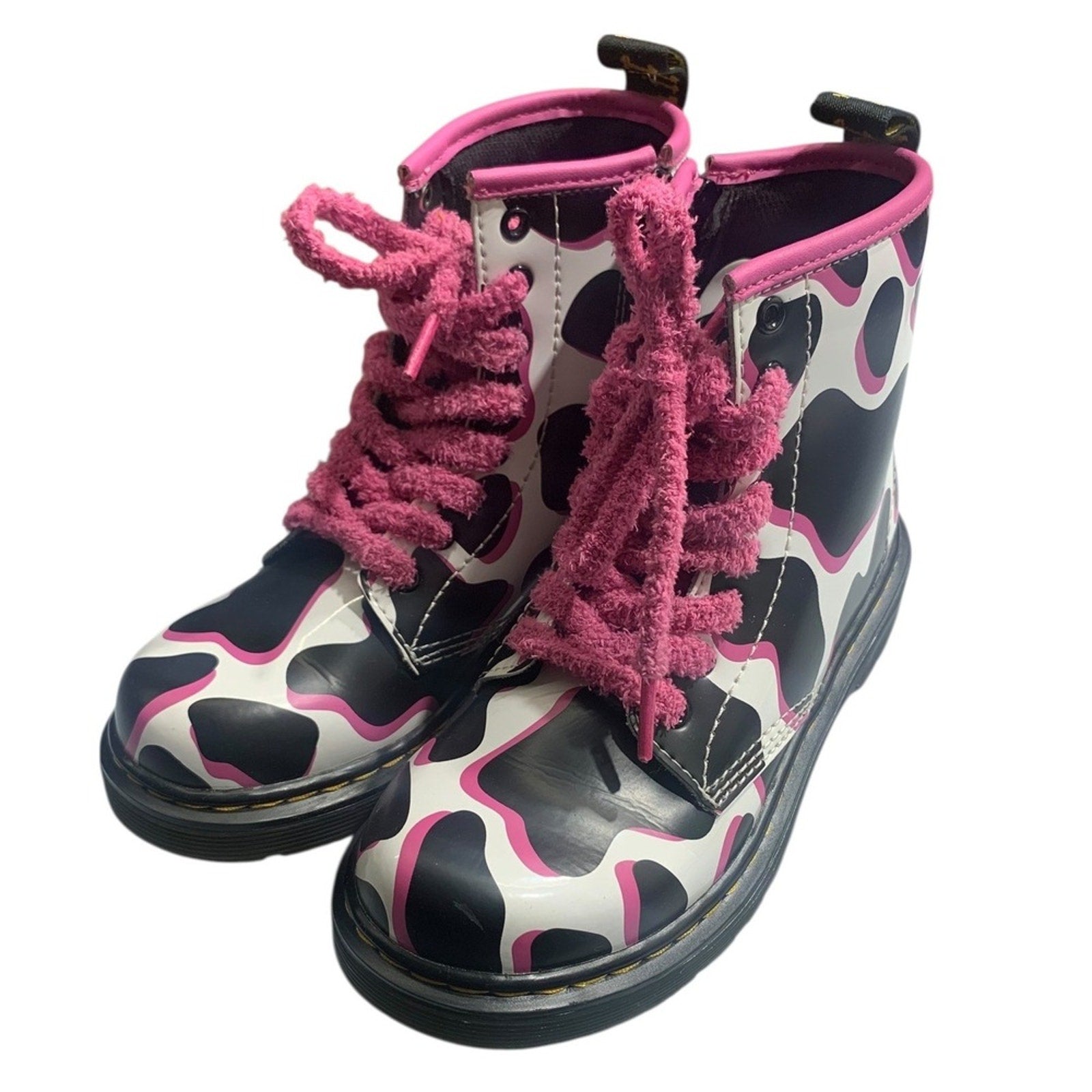 Kids Dr Martens Boots Cow Print Pink Laces Side Zip Youth Size 1