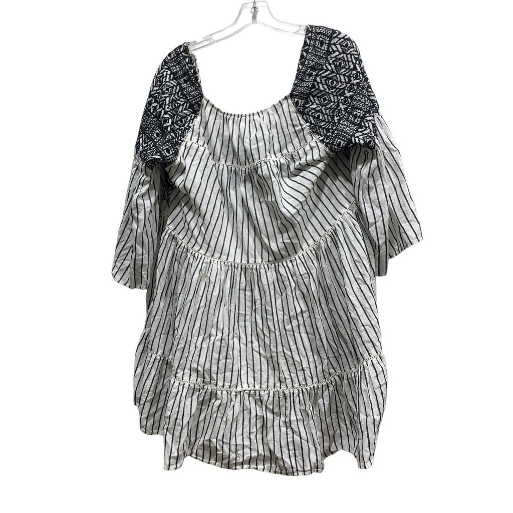 Free People Lola Embroidered Mini Dress Black White Striped Tiered Tunic Top M
