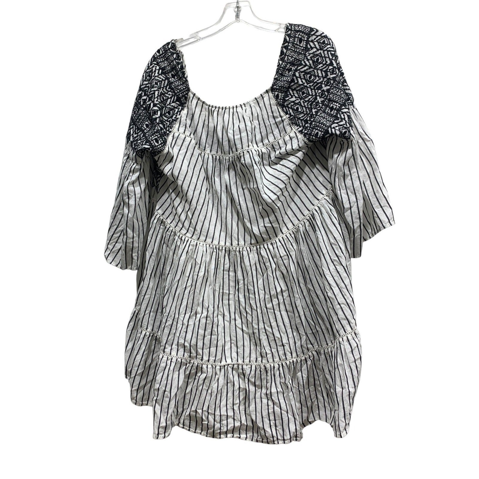 Free People Lola Embroidered Mini Dress Black White Striped Tiered Tunic Top M