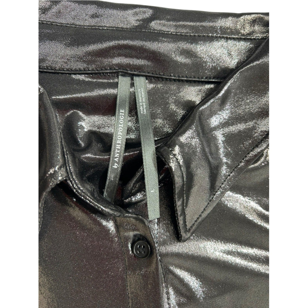 Anthropologie The Gillian Liquid Shine Metallic Buttondown Shirt Charcoal Grey L