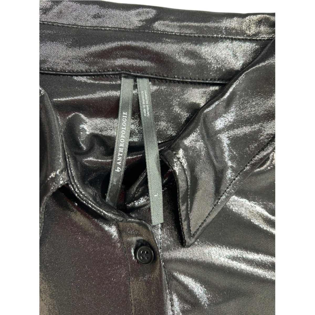 Anthropologie The Gillian Liquid Shine Metallic Buttondown Shirt Charcoal Grey L