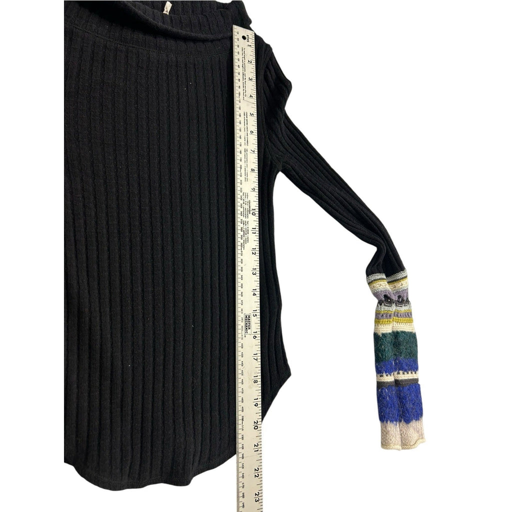 Free People Mixed-Up Cuff Crochet Thermal Sweater Black Cowl Neck Ribbed Top XS