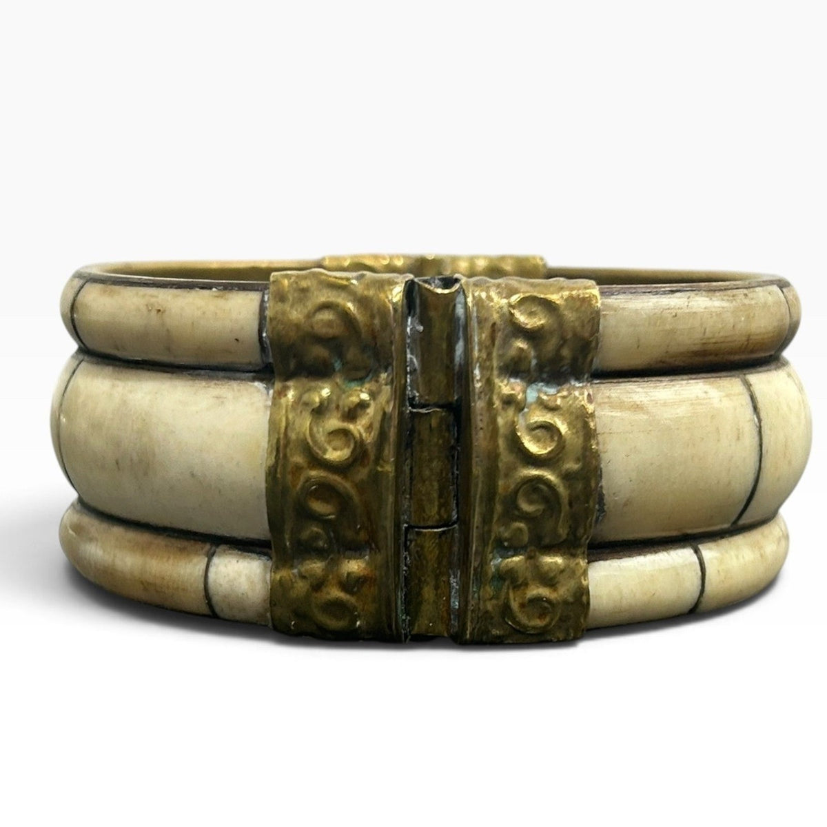 Vintage Brass and Bovine Bone Hinged Cuff Bracelet Ornate Scrollwork Pin Closure