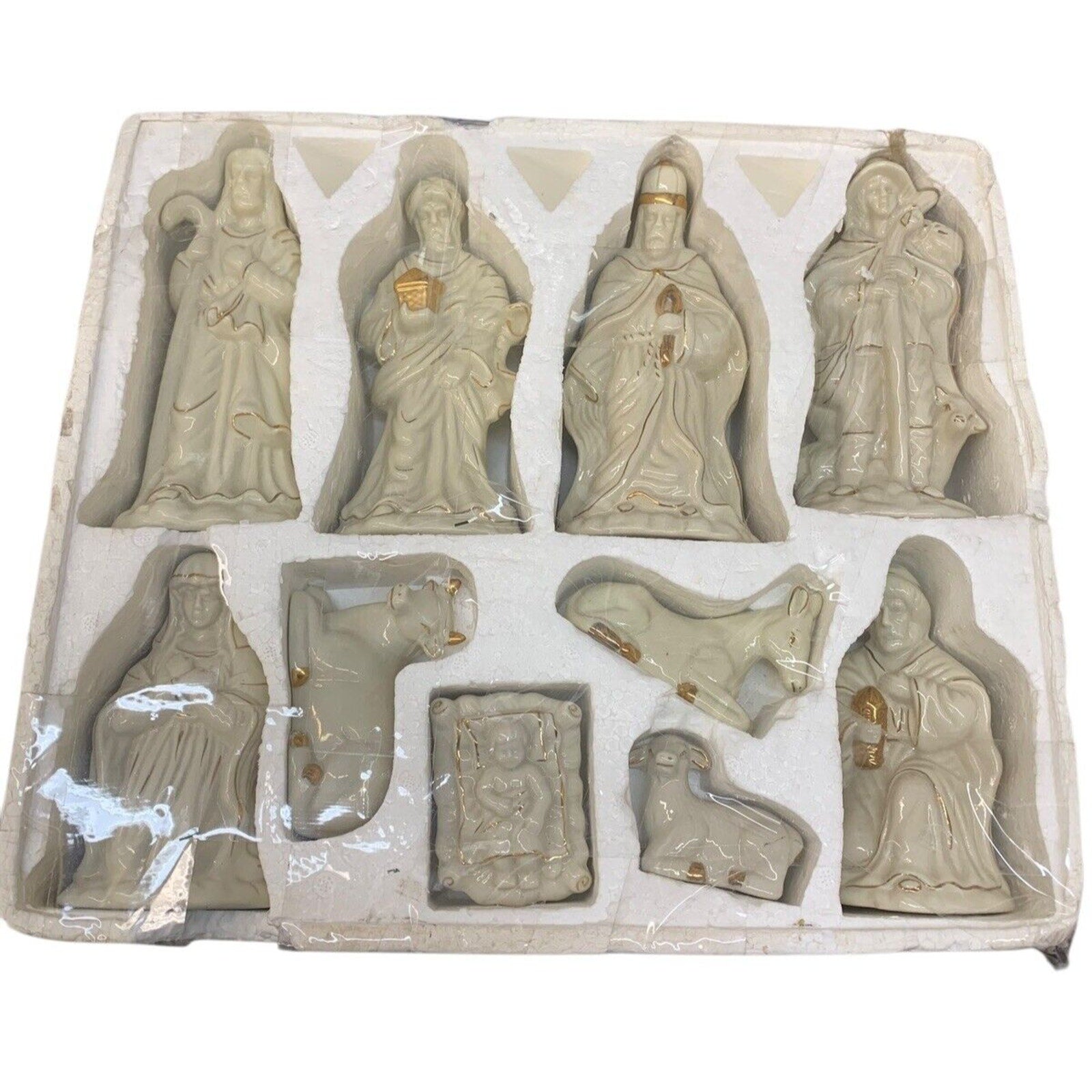 Vintage Porcelain Nativity Set W/Gold Accents 10 Pc EUC