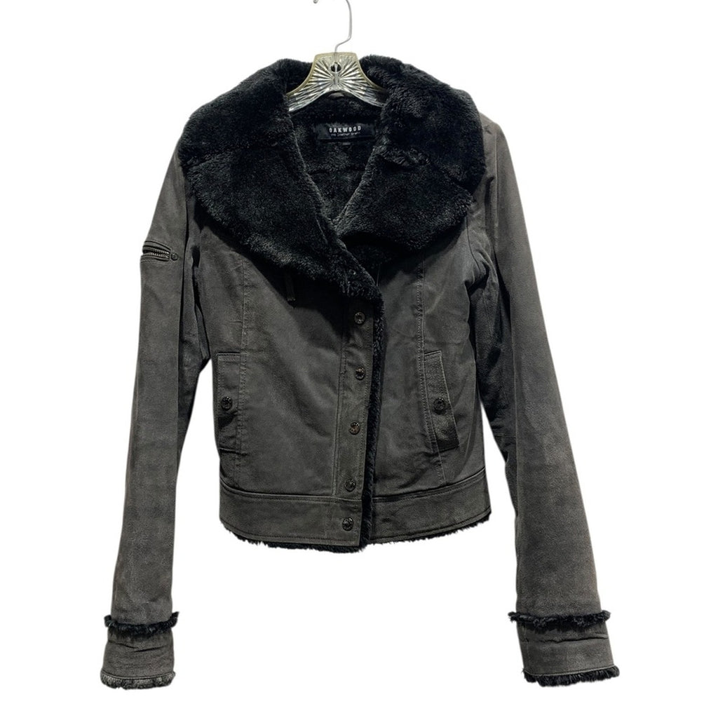 OAKWOOD The Leather Brand Women's L Gray Faux Fur Lined Faux Suede Moto Jacket