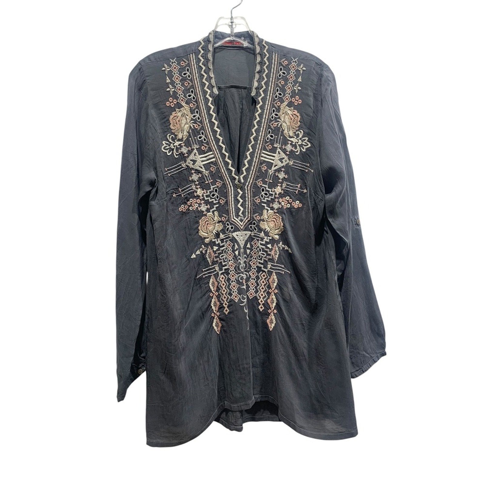 Johnny Was Embroidered Tunic Top Small S Black Cupra Rayon Bohemian Blouse
