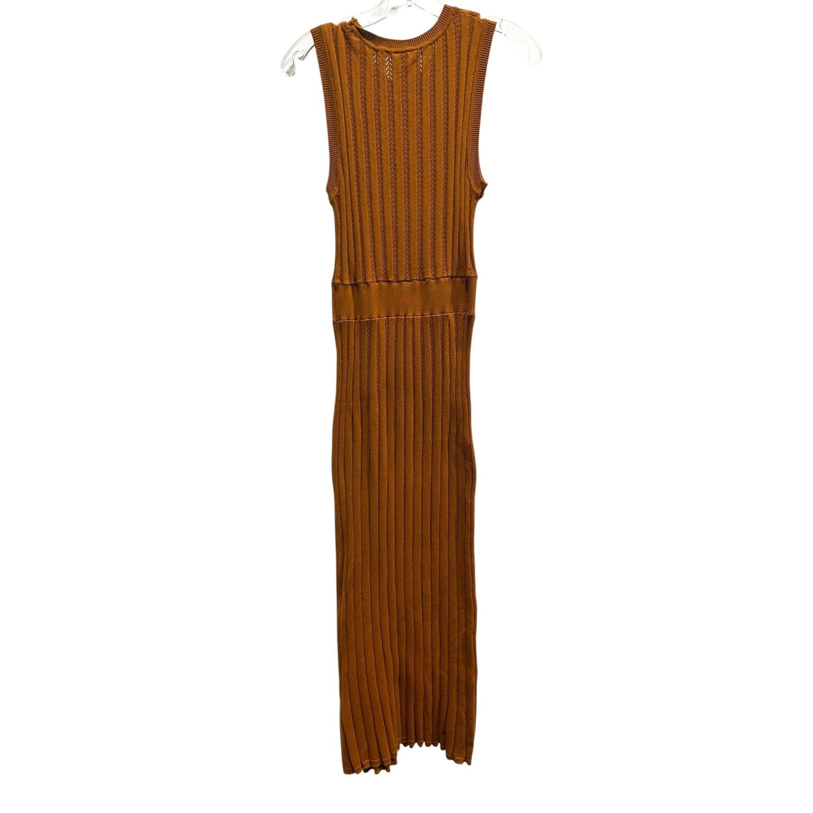 Varley Florian Knit Dress Brown Cotton Pointelle Ribbed Midi Sleeveless Small