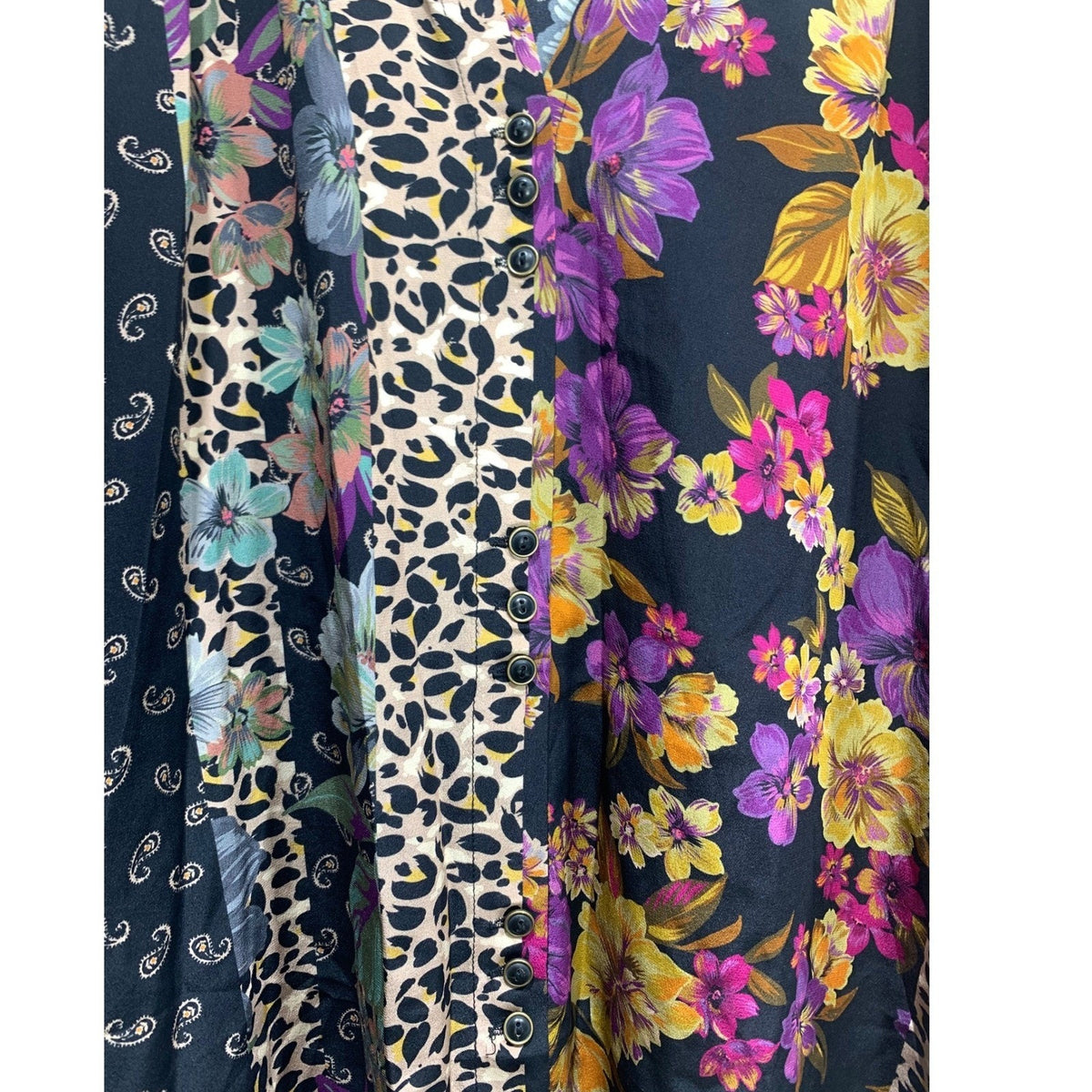 Johnny Was Zane Silk Easy Blouse Blend Patchwork Floral Leopard XL Black Multi
