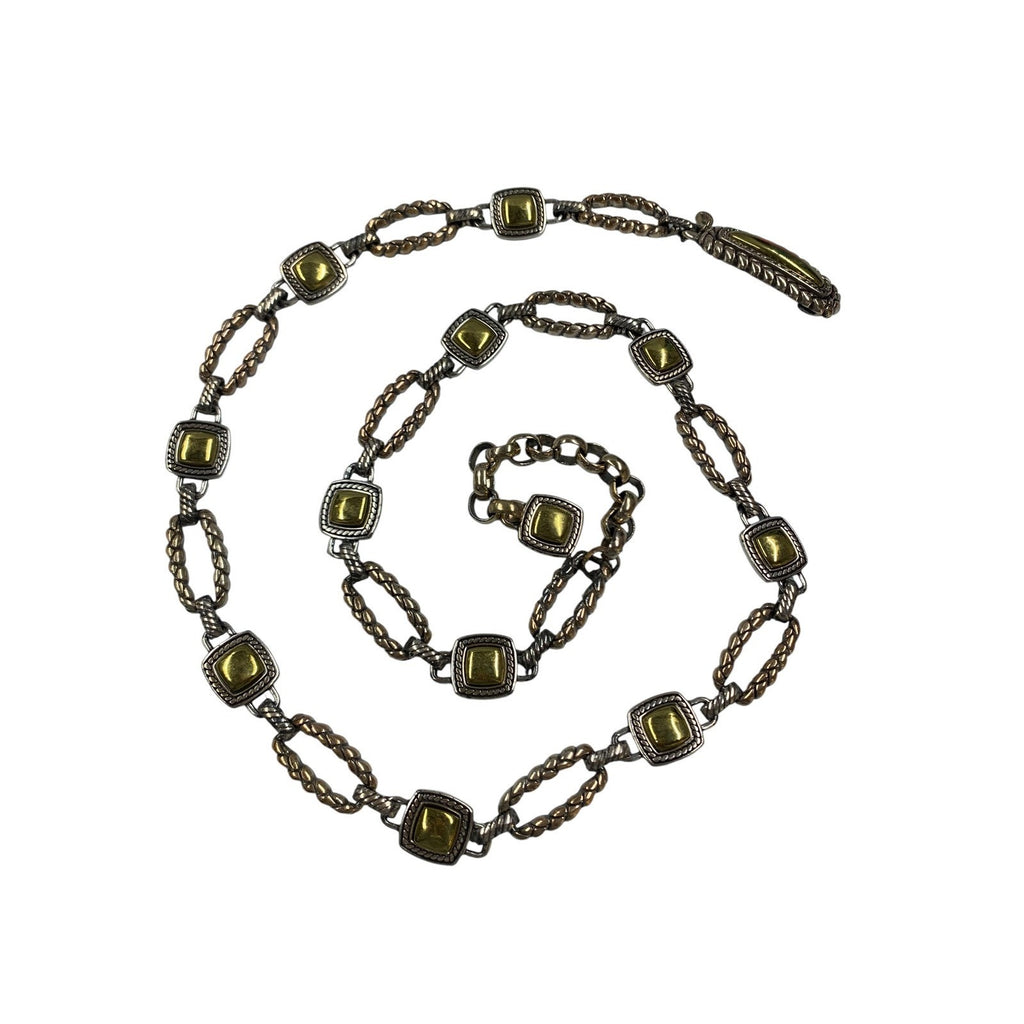 Brighton Mixed Metal Silver Gold Tone Square Cabochon Link Chain Belt Adjustable