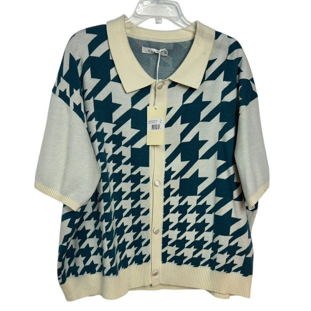 mnml Mens Teal Houndstooth Knit Short Sleeve Button Shirt XXL NWT Career Retro