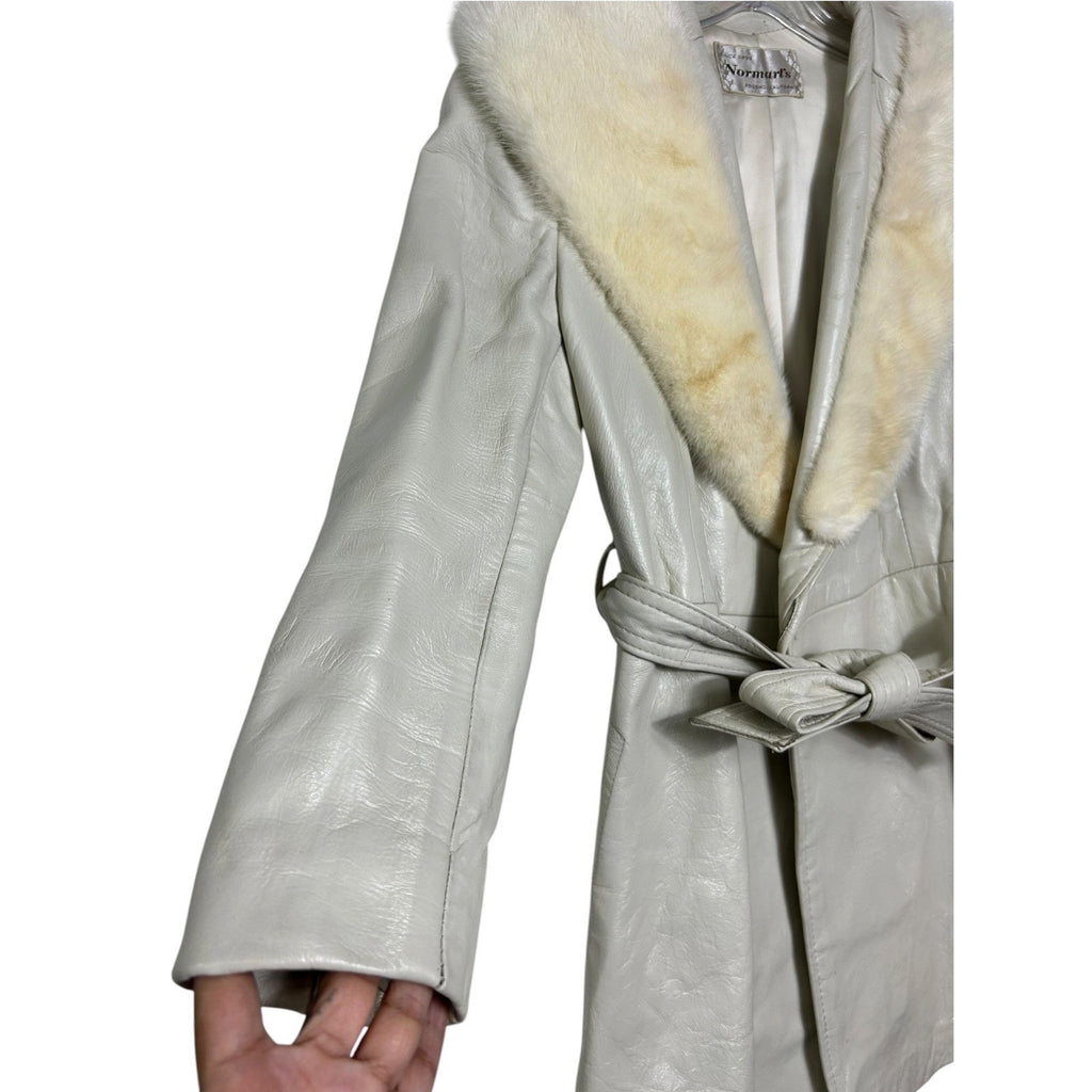 Vintage Normart's Leather faux Fur Collar Trench Coat Cream Belted Wrap Jacket S