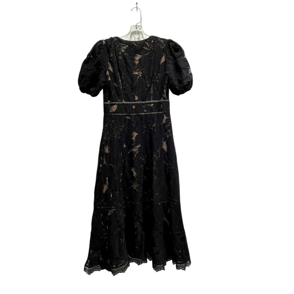 Anthropologie Ophelia Puff Sleeve Elegant Black Lace Dress Midi V Neck size 6