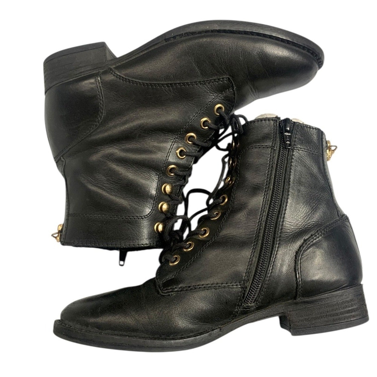 ALDO FELALIA Black Leather Lace Up Side Zip Combat Boots Women US 6.5