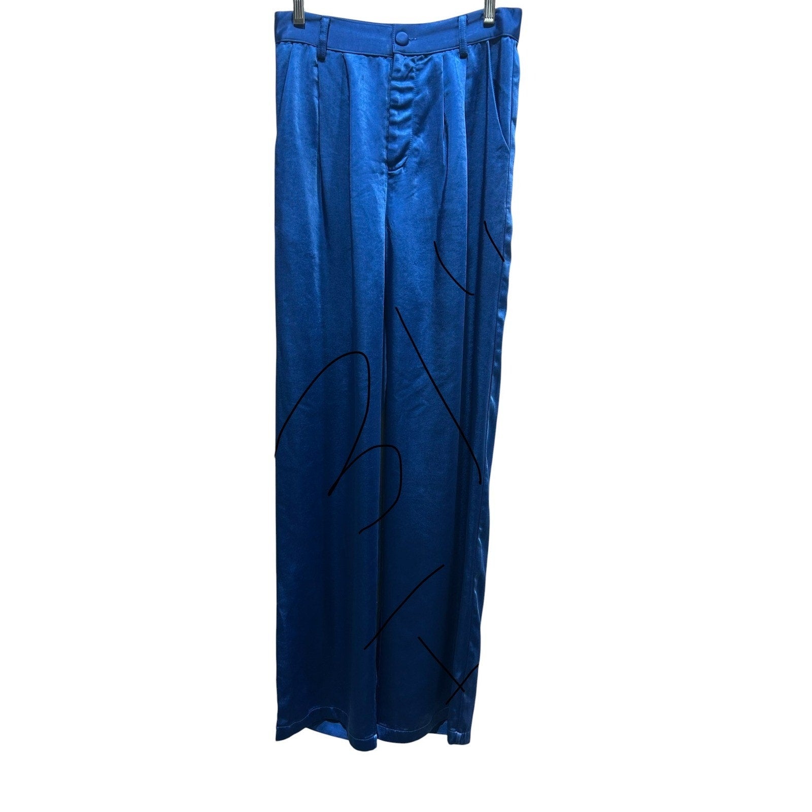 Women Royal Blue Satin Wide Leg Pleated High Waist Trousers Size M Glam Dressy