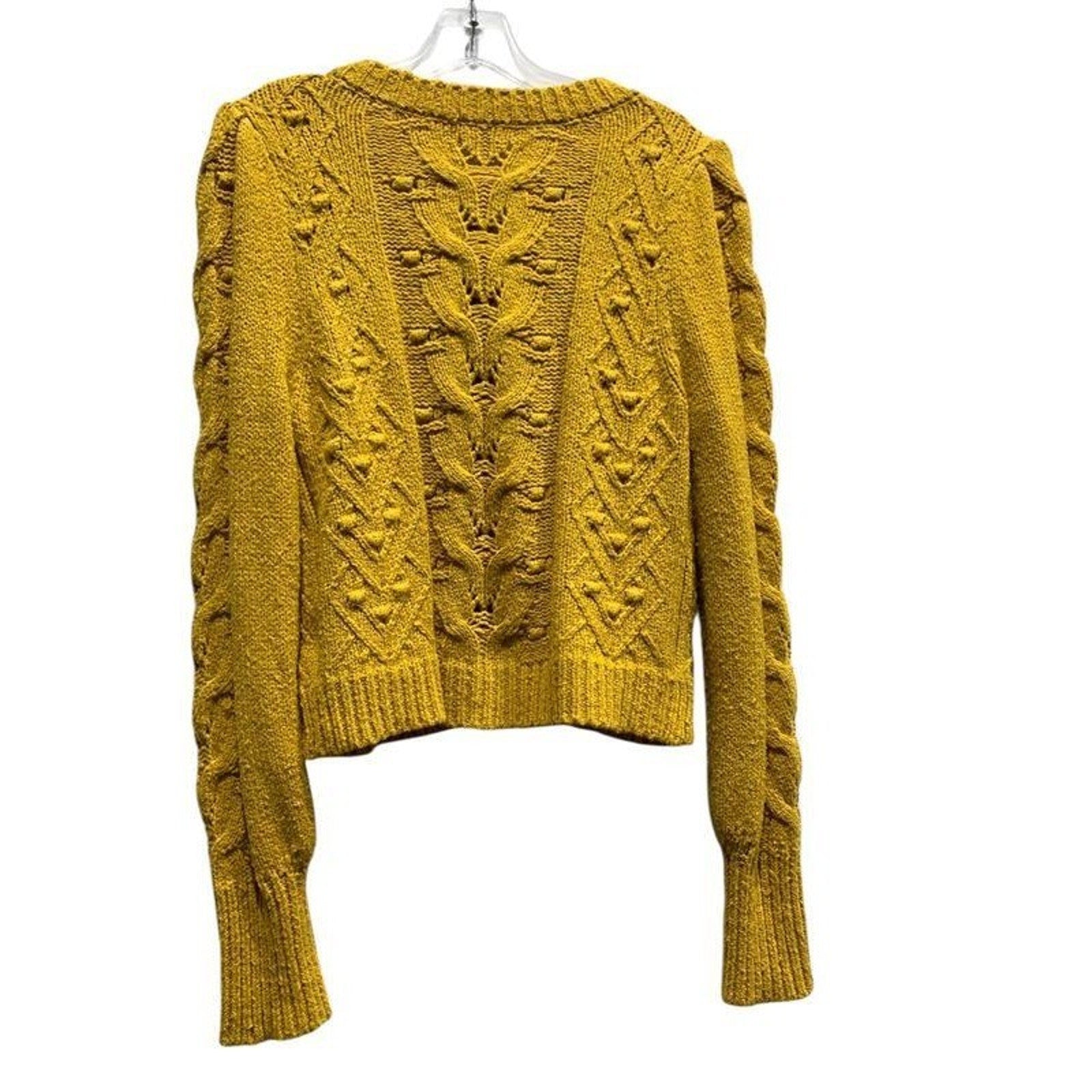 Anthropologie Mustard Yellow Cable Knit Puff Sleeve Button Front Cardigan M