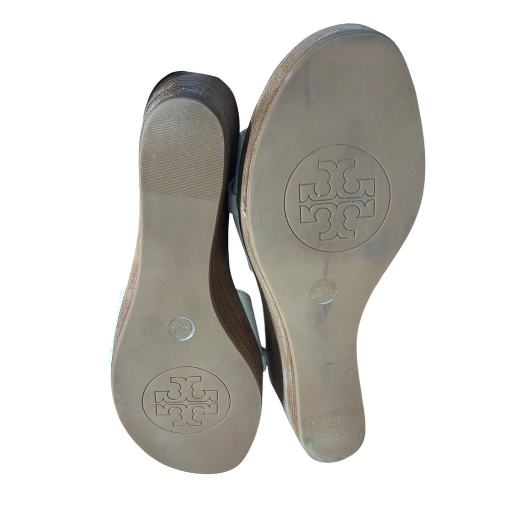 Tory Burch Selma Leather Wedge Sandals White Pebbled Leather Gold Logo 6.5M