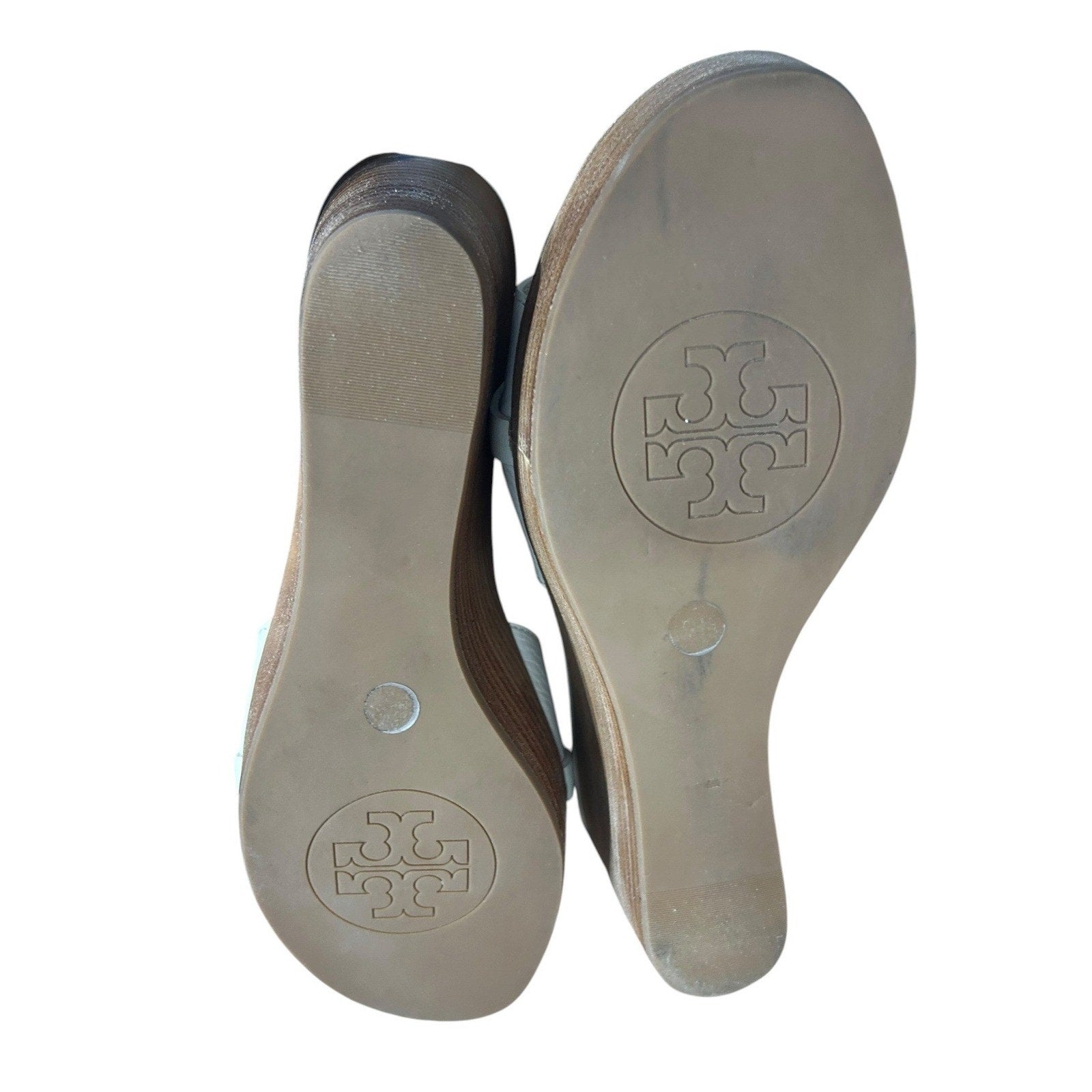 Tory Burch Selma Leather Wedge Sandals White Pebbled Leather Gold Logo 6.5M