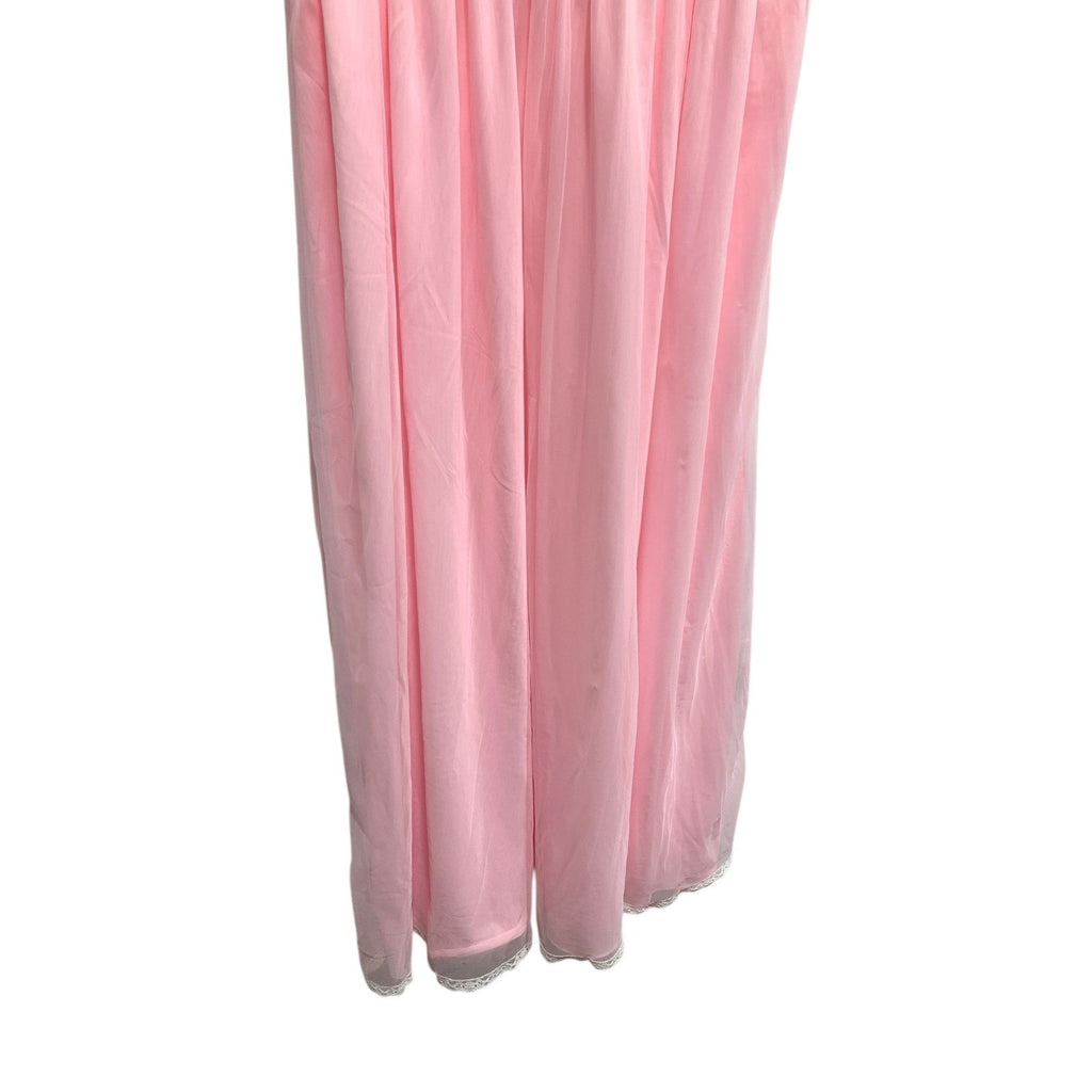 Vintage Pink Lace Maxi Nightgown Sheer Empire Waist Ruffle Sleeve Peignoir Dress