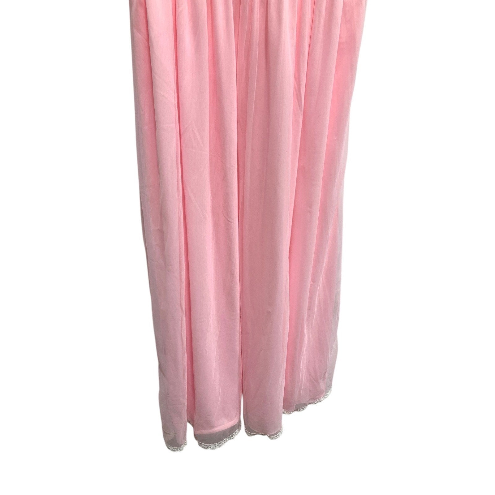 Vintage Pink Lace Maxi Nightgown Sheer Empire Waist Ruffle Sleeve Peignoir Dress