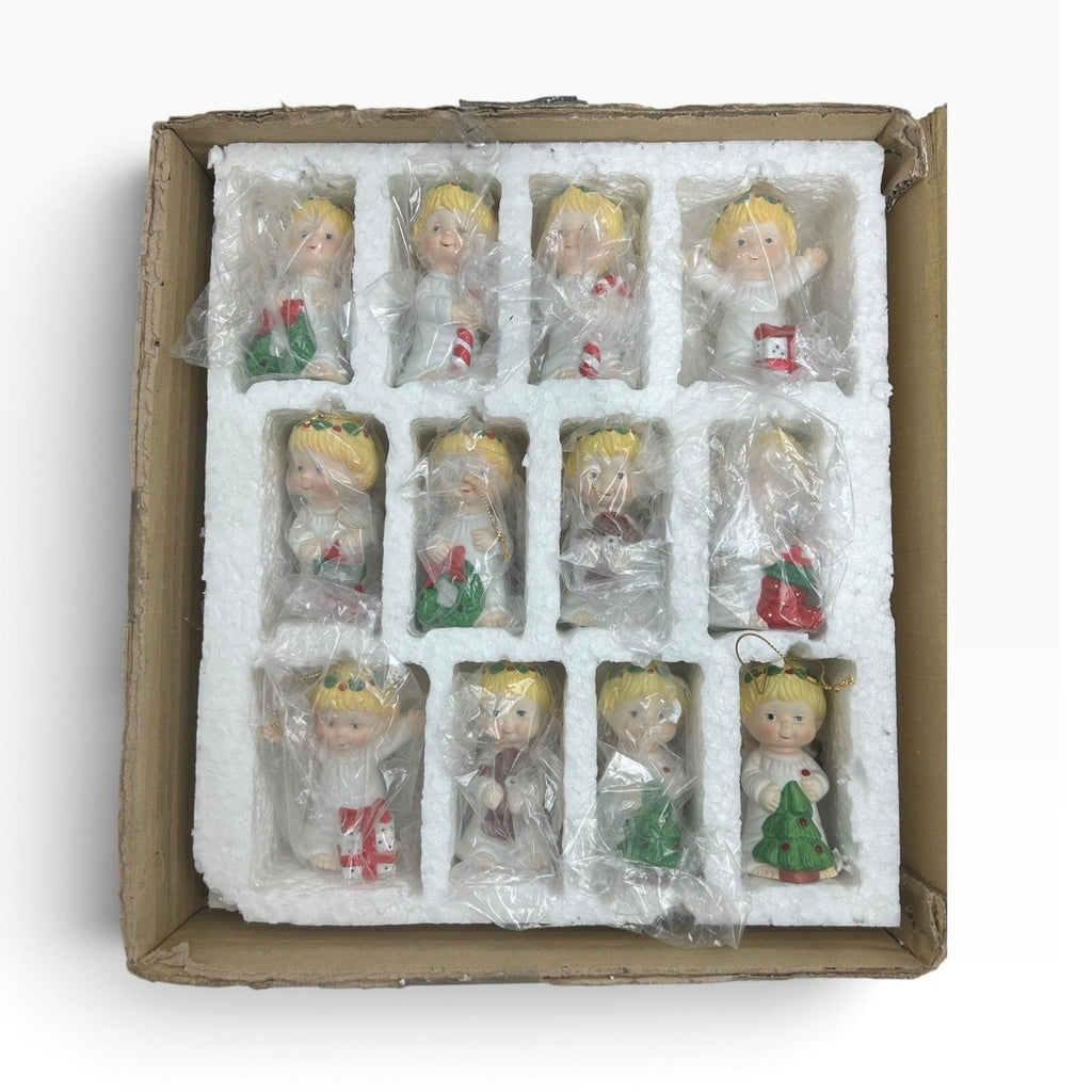 Vintage Ceramic Angel Christmas Ornament Set 12pc Made in Taiwan H9432 3in