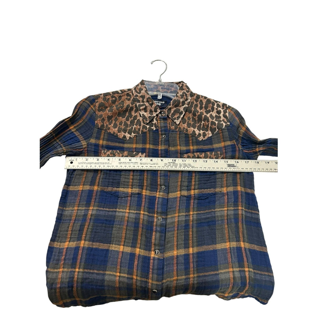 Johnny Was Workshop Navy Plaid Leopard Print Western Button Up Shirt XS layering