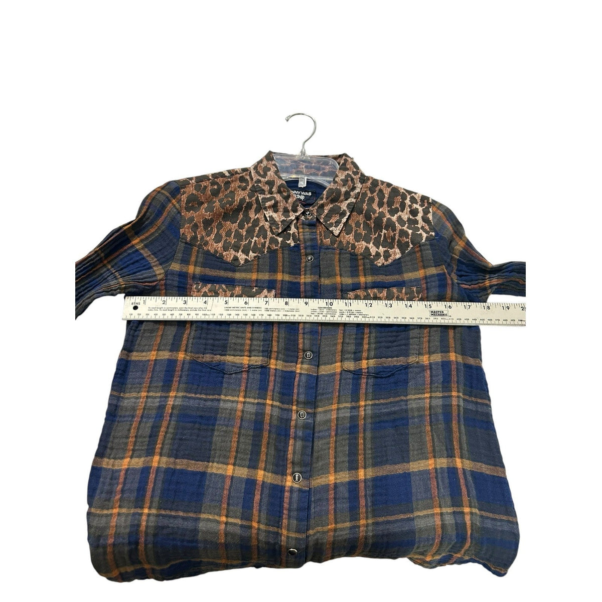 Johnny Was Workshop Navy Plaid Leopard Print Western Button Up Shirt XS layering