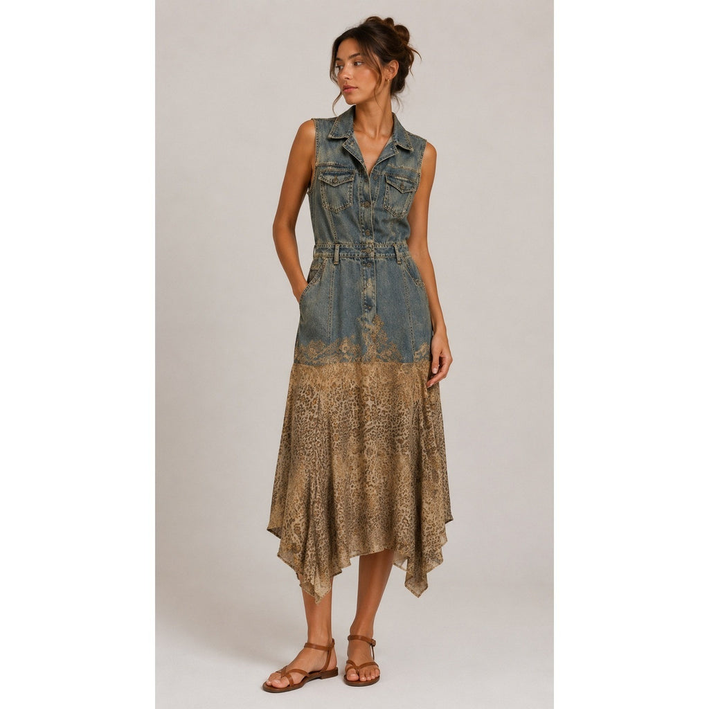 Jeanology Denim Leopard Print Lace Mixed Maxi Dress Y2K Grunge Fairy L Eclectic