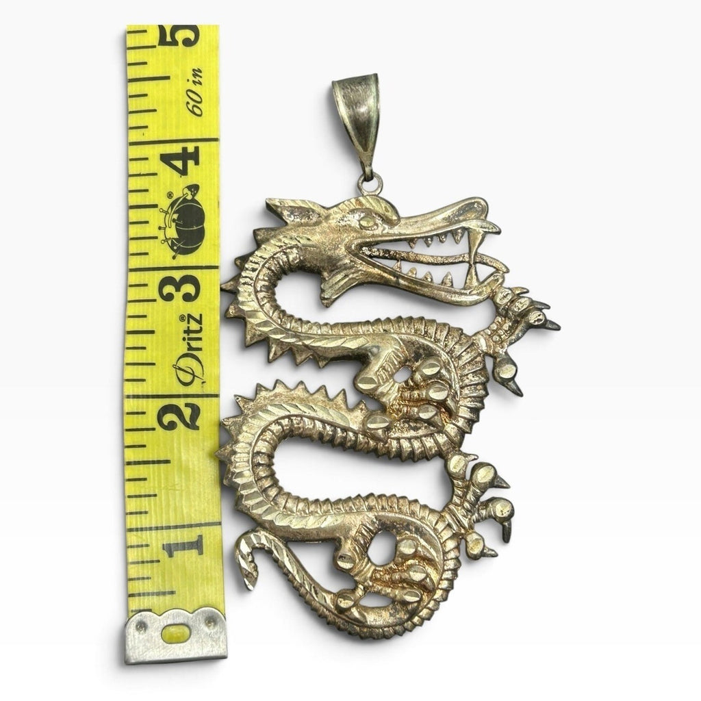 Vintage 925 Sterling Silver Large Chinese Dragon Pendant Statement 38g 4in Goth