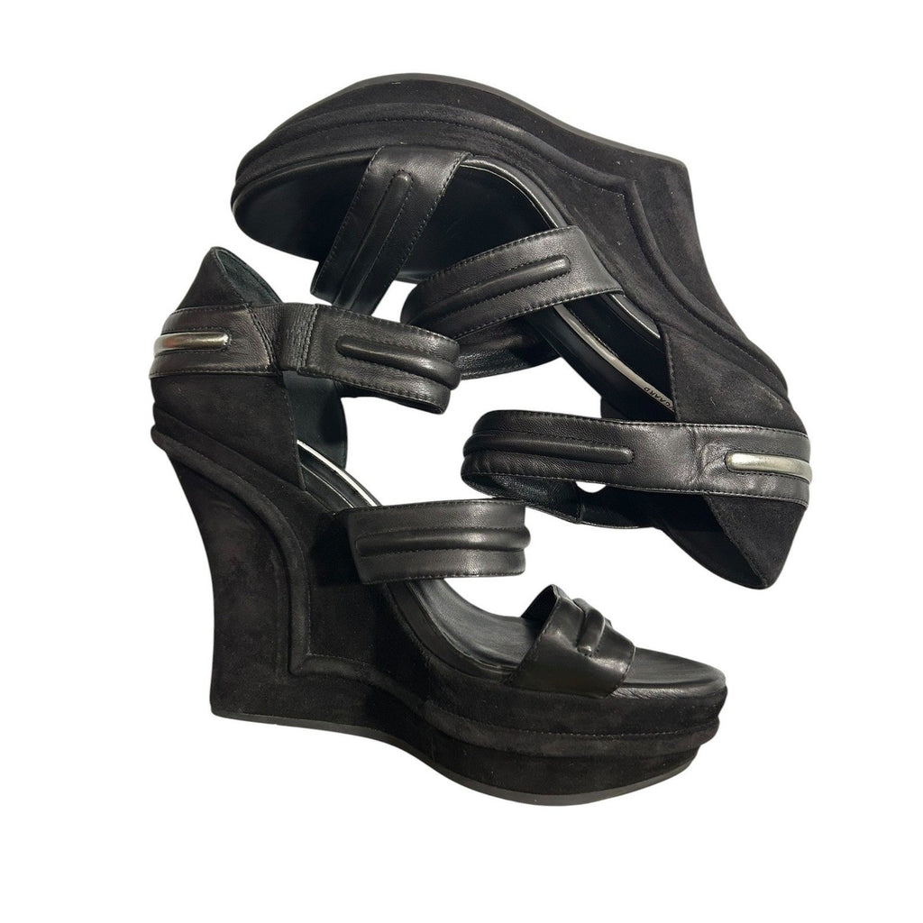Camilla Skovgaard Black Leather Suede Architectural Wedge Sandals Size 41 club