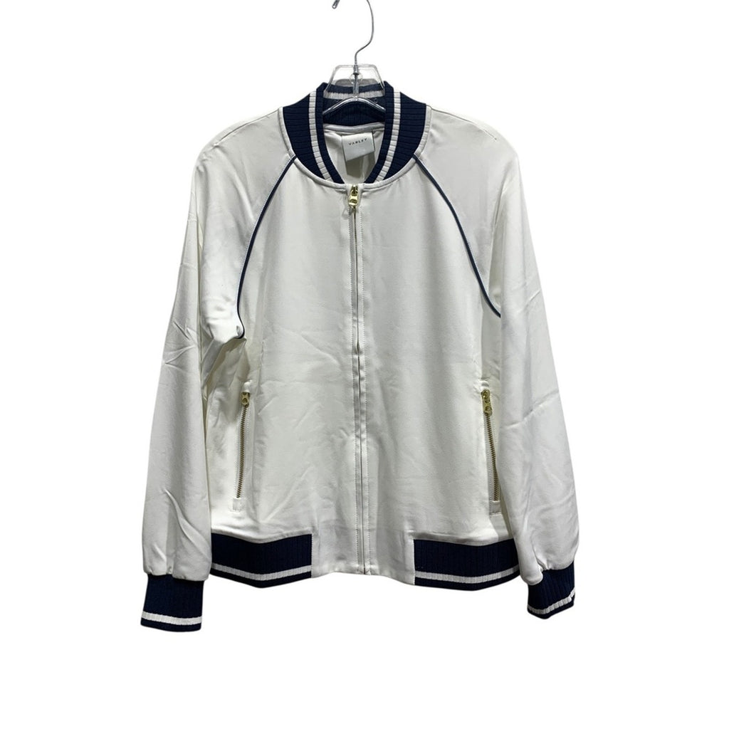 VARLEY Womens White Navy Trim Bomber Jacket Zip Front Athletic Style Size Small