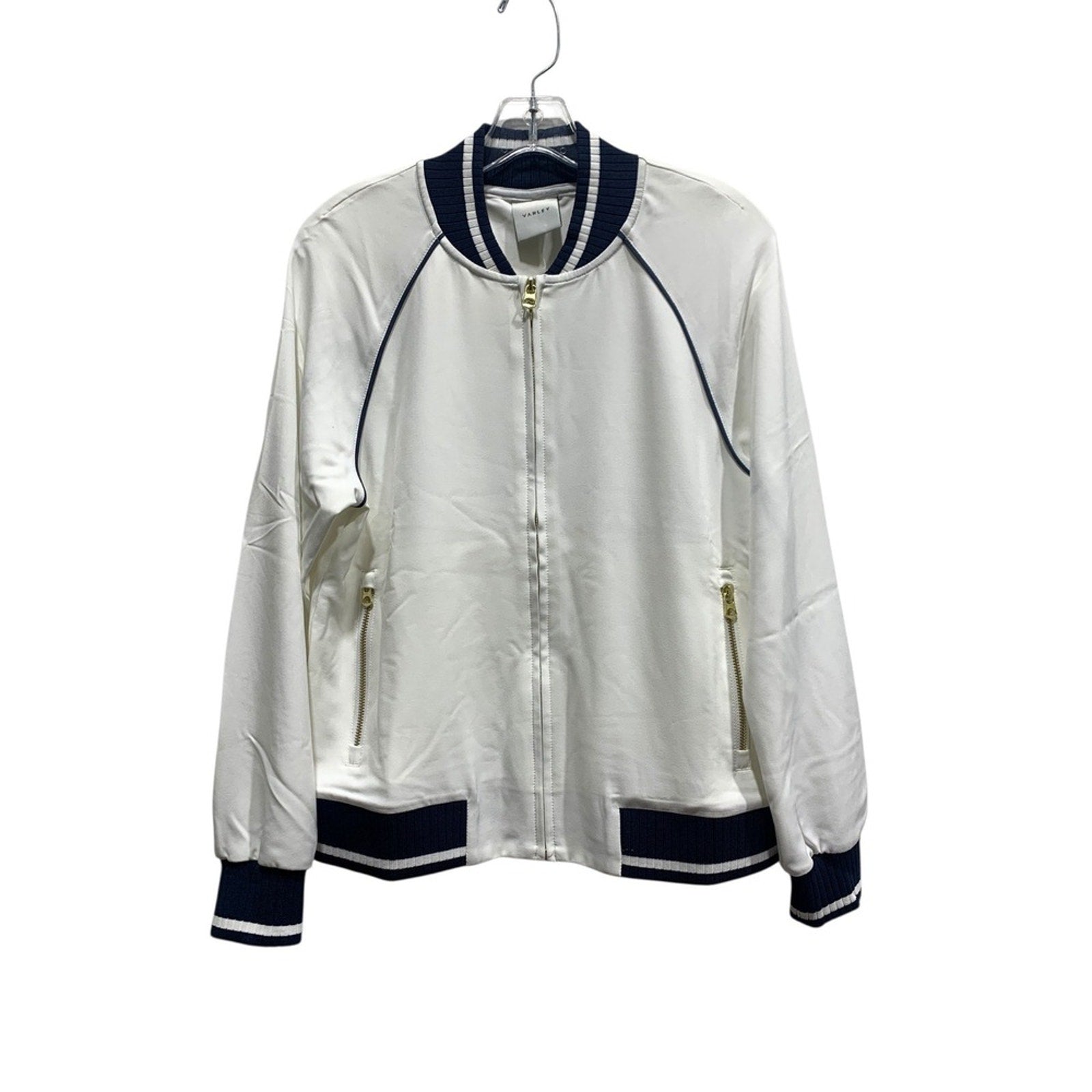 VARLEY Womens White Navy Trim Bomber Jacket Zip Front Athletic Style Size Small