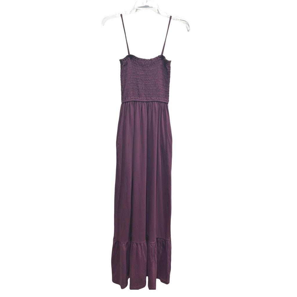 Pact Womens Organic Cotton Smocked Tiered Maxi Dress Plum Purple XS Sleeveless