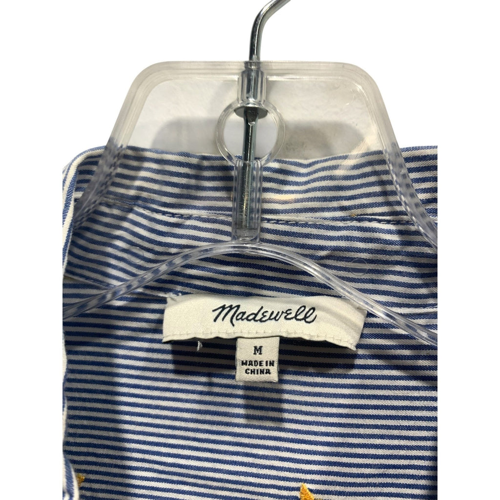 Madewell Blue White Pinstripe Yellow Star Embroidered Shirt Sz M Preppy Coastal