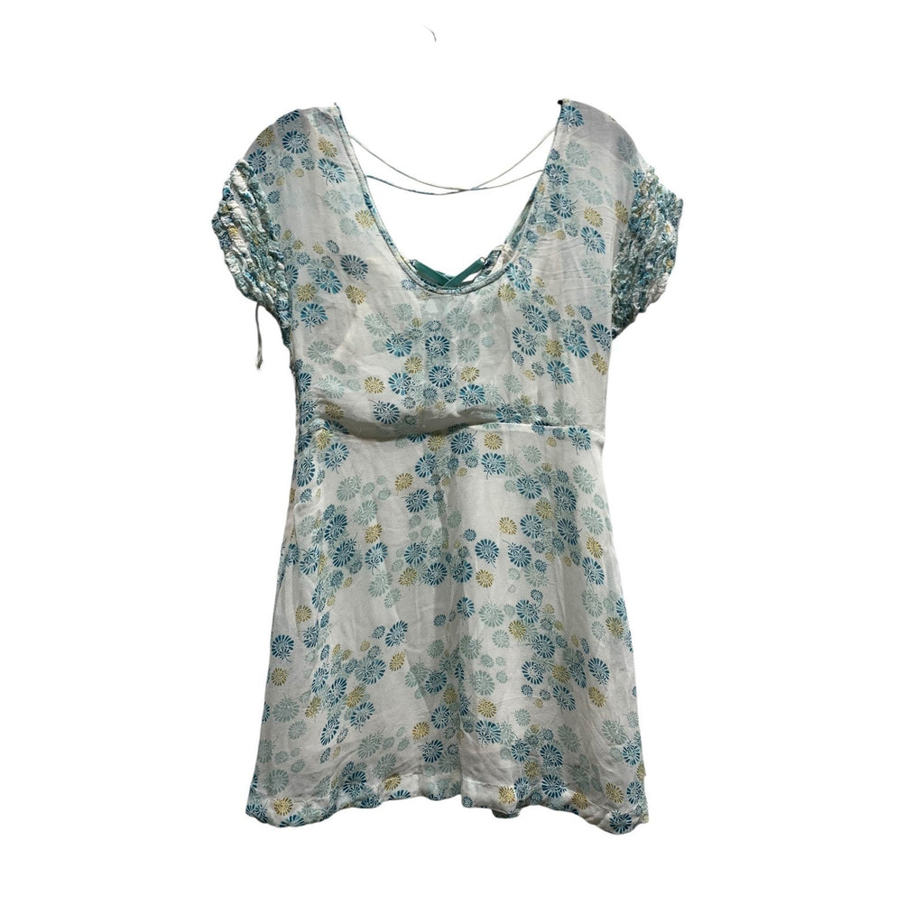 Free People Yours Truly Printed Ruffle Lace-Up Mini Dress White Teal Floral Sz 6